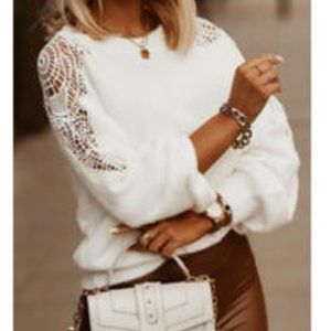 Sheilay Solid Lace Round Neck Casual Sweaters